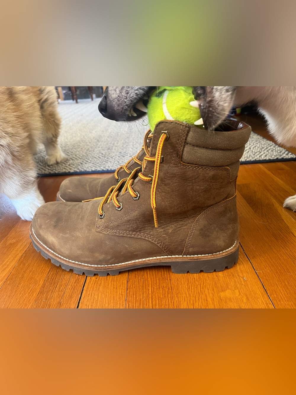 Men's Kodiak Brown Leather Work Boots with Yellow Contrast Laces - Picture 2 of 10